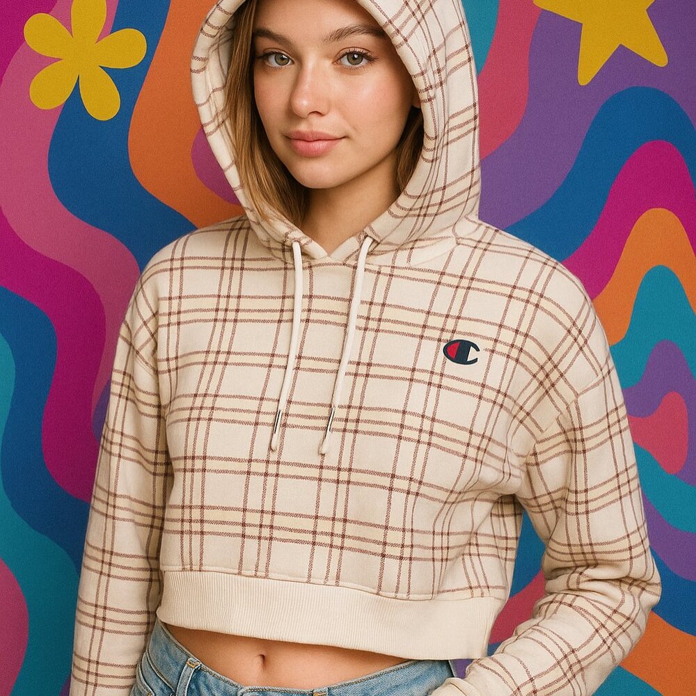 Champion Reverse Weave Plaid Cropped Comfy Fleece Hoodie Sz S Sporty Trendy Y2K